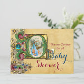 INVITATION STORK GARÇON BABY SHOWER PARCHEMENT FLORAL MONOGRA (Debout devant)
