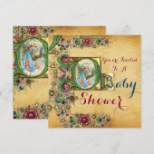 INVITATION STORK GARÇON BABY SHOWER PARCHEMENT FLORAL MONOGRA (Devant / Derrière)