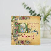 INVITATION STORK GARÇON BABY SHOWER PARCHEMENT FLORAL MONOGRA (Debout devant)
