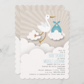 Invitation Stork In The Nuds Baby shower - Blue (Devant / Derrière)