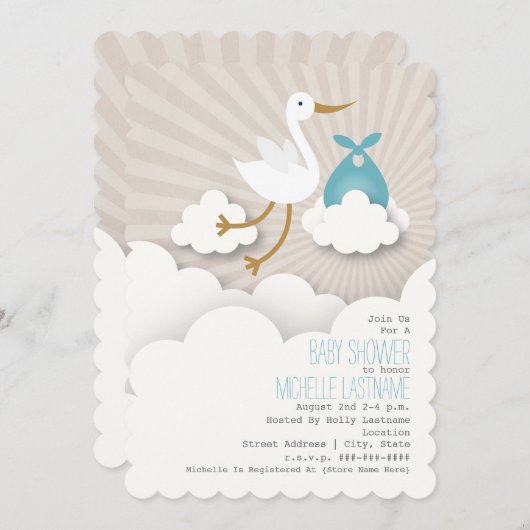 Invitation Stork In The Nuds Baby shower - Blue (Devant / Derrière)