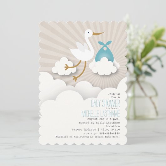 Invitation Stork In The Nuds Baby shower - Blue (Debout devant)