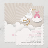 Invitation Stork In The Nuds Baby shower - Rose (Devant / Derrière)
