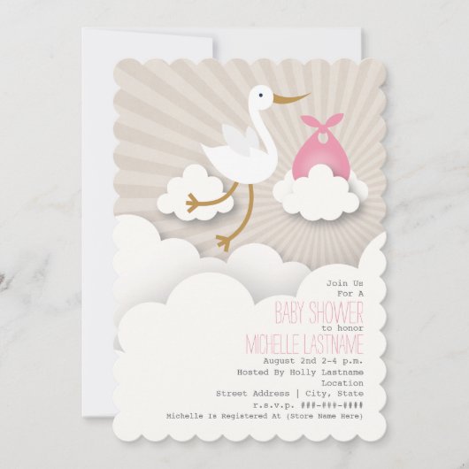 Invitation Stork In The Nuds Baby shower - Rose (Devant)