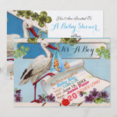 INVITATION STORK, SHAMROCK GARÇON BABY SHOWER DE NAISSANCE ST (Devant / Derrière)