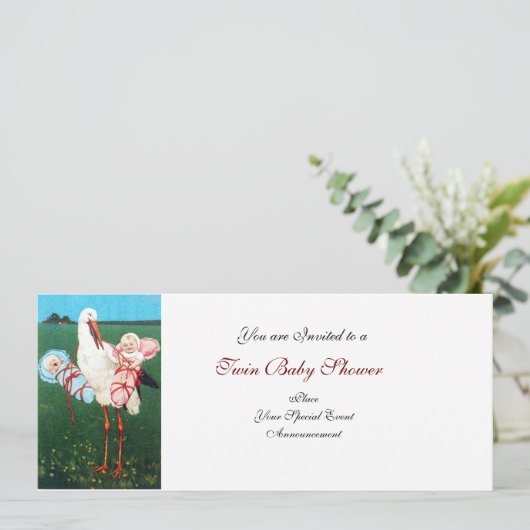 Invitation STORK TWIN BABY SHOWER blanc (Debout devant)