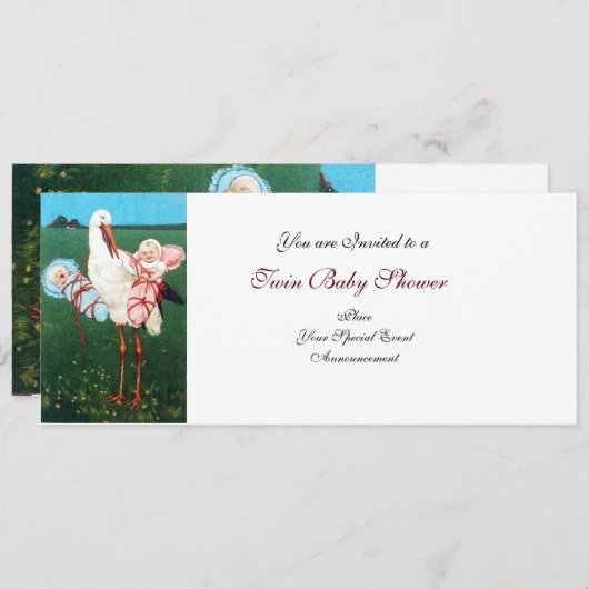 Invitation STORK TWIN BABY SHOWER blanc (Devant / Derrière)