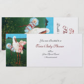 Invitation STORK TWIN BABY SHOWER blanc perle métal papier (Devant / Derrière)