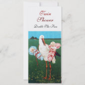 Invitation STORK TWIN BABY SHOWER blanc perle métal papier (Dos)