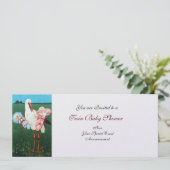 Invitation STORK TWIN BABY SHOWER blanc perle métal papier (Debout devant)