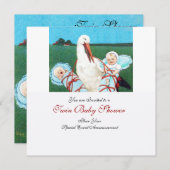 Invitation STORK TWIN BÉBÉ DOUCHE GARÇON, bleu turquoise (Devant / Derrière)