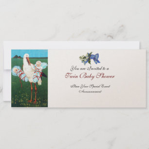 Invitation STORK TWIN BÉBÉ GARÇON DOUCHE Champagne Metallic