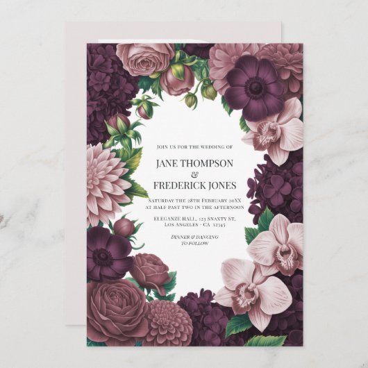 Invitation Storm Plum, Graphite Rose & Antique Blush Wedding (Devant / Derrière)