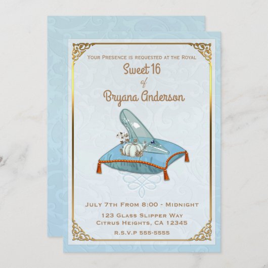 Invitation Storybook Cinderella Verre Chaussure Sweet 16 Part (Devant / Derrière)