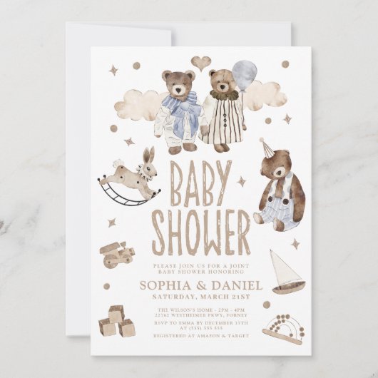 Invitation Storybook Whimsical Bears Joint Baby shower (Devant)