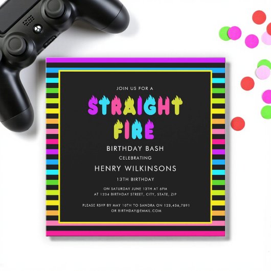 Invitation Straight fire neon teen boys birthday 