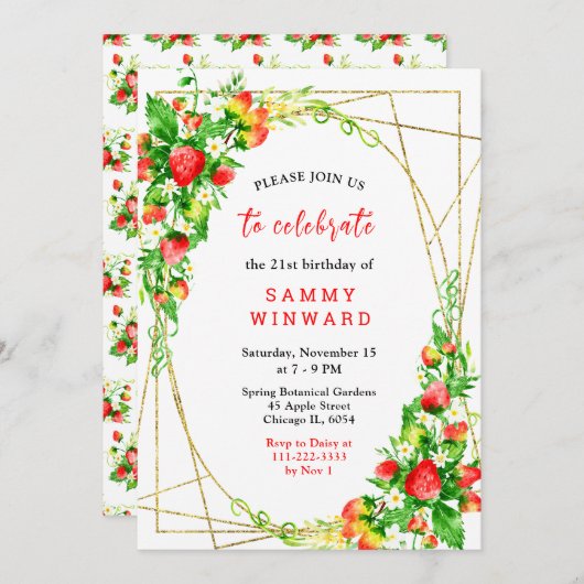 Invitation Strawberries and Daisies Birthday (Devant / Derrière)