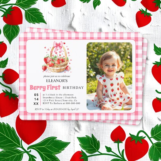Invitation Strawberries, pink bow Berry First Birtday photo