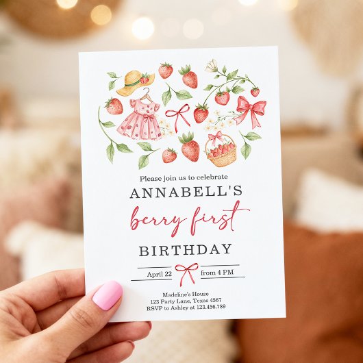 Invitation Strawberry 1st Birthday Invite First Berry Sweet
