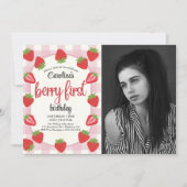 Invitation Strawberry 1st Birthday Party Berry First Photo (Devant)