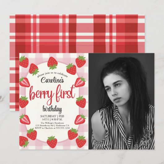 Invitation Strawberry 1st Birthday Party Berry First Photo (Devant / Derrière)