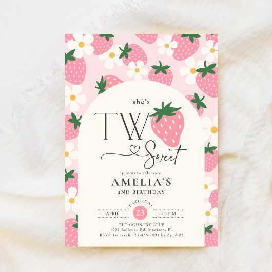 Invitation Strawberry 2nd Birthday Two Sweet Pink