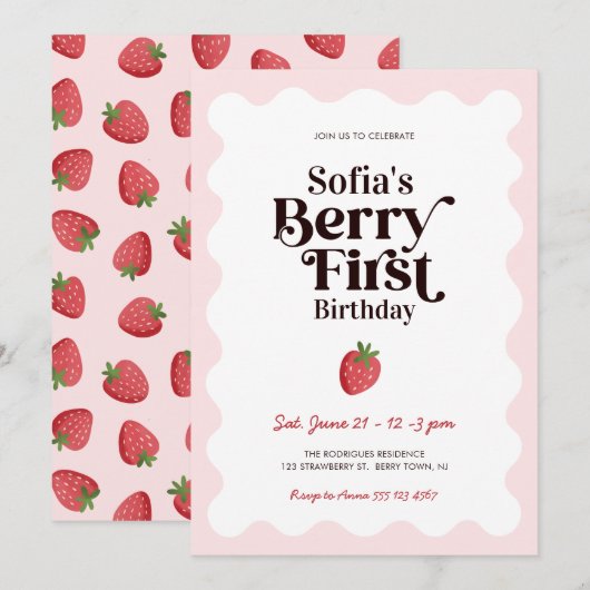 Invitation Strawberry Berry First Birthday (Devant / Derrière)