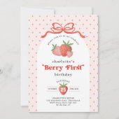 Invitation Strawberry Berry First Red Bow 1st Birthday (Devant)