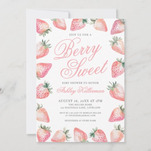 Invitation Strawberry Berry Sweet Baby Shower (Devant)
