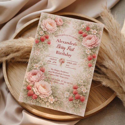 Invitation Strawberry Blush Garden Celebration 1st Birthday