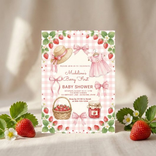 Invitation Strawberry bow baby shower First Berry Sweet