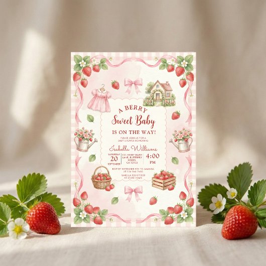Invitation Strawberry bow baby shower First Berry Sweet