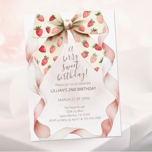Invitation Strawberry Bow Berry Sweet Second Birthday 