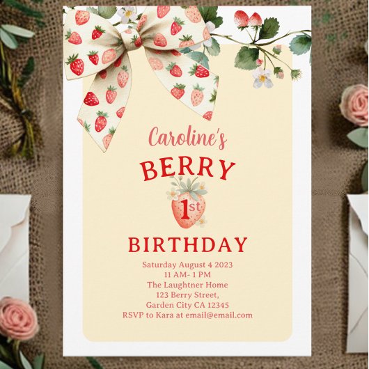 Invitation Strawberry Bow Girls Berry First Birthday