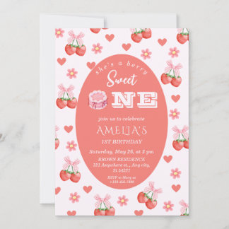 Invitation Strawberry & Cherry Floral 1st Birthday with photo