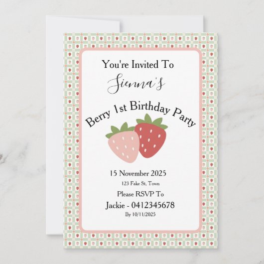 Invitation Strawberry Gingham First Birthday Party (Devant)
