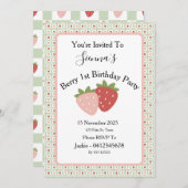 Invitation Strawberry Gingham First Birthday Party (Devant / Derrière)