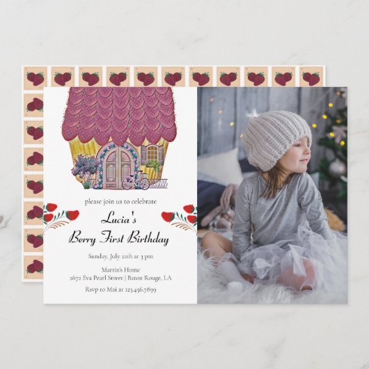 Invitation Strawberry House Berry Première fille 1er annivers (Devant / Derrière)