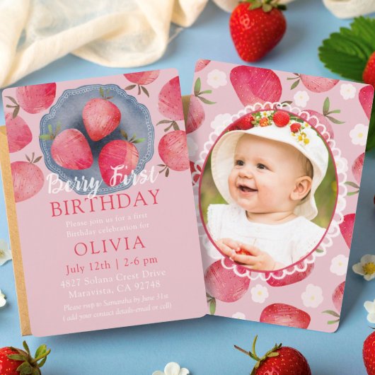 Invitation Strawberry Pink 1st Birthday Watercolor 