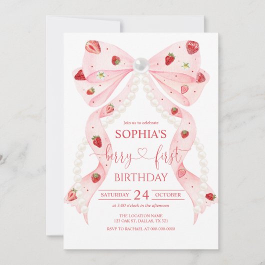 Invitation Strawberry Pink Bow Pearl 1st Birthday (Devant)