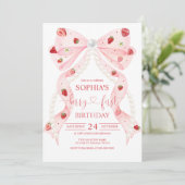 Invitation Strawberry Pink Bow Pearl 1st Birthday (Debout devant)