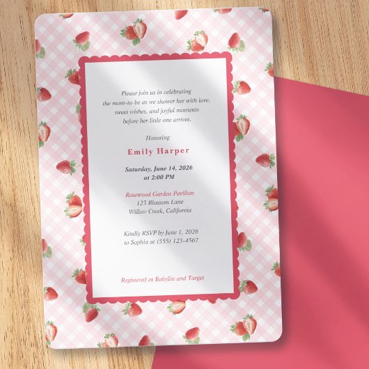 Invitation Strawberry Pink Gingham Baby Girl Shower