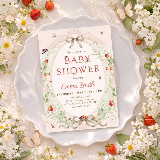 Invitation Strawberry Whimsical Ladybug Baby Shower