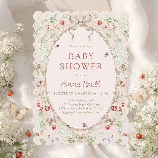 Invitation Strawberry Wildflower Lace Frame Baby Shower
