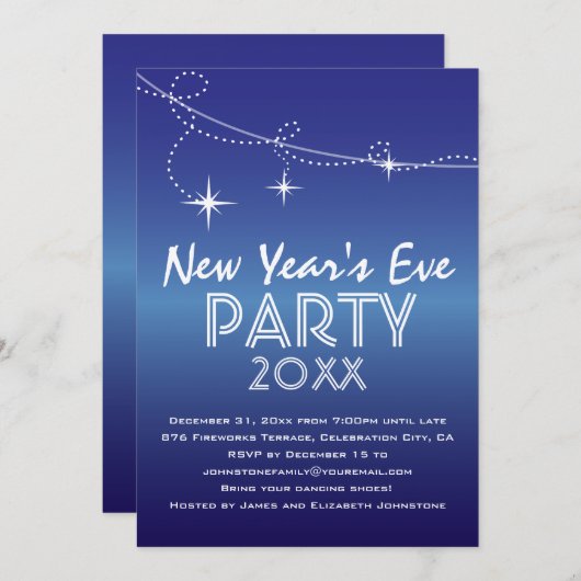 Invitation Streamers and Stars Blue New Year's Eve Party (Devant / Derrière)