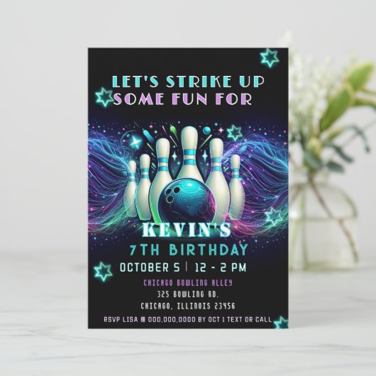 Invitation Strike Up Some Fun Neon Glow Bowling Birthday (Debout devant)