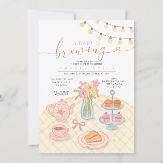 Invitation String Light Tea Party bébé est en train de brasse (Devant)
