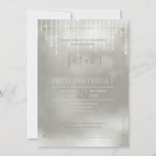 Invitation String Lights & Balloons Sweet 16 Champagne ID473 (Dos)