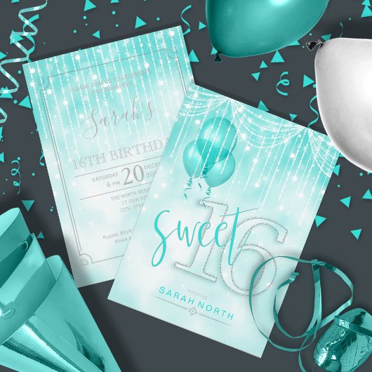 Invitation String Lights & Balloons Sweet 16 ID Turquoise473