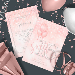 Invitation String Lights & Balloons Sweet 16 Rose Gold ID473